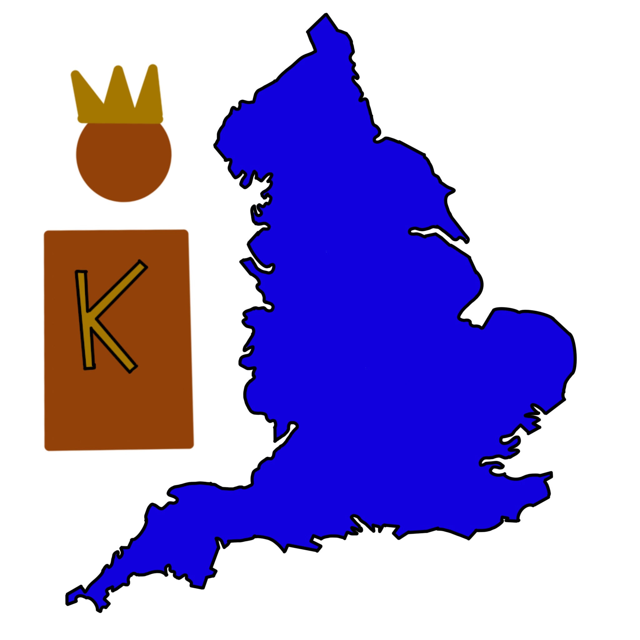 A drawing of England with a simply drawn person next to it. The person is red-brown with a gold crown on their head. They also have a gold K on their chest. England is colored bright blue